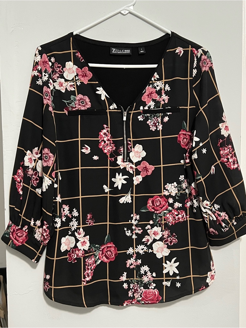 NY&Co Black Floral Zip-Front -3/4 sleeve Blouse